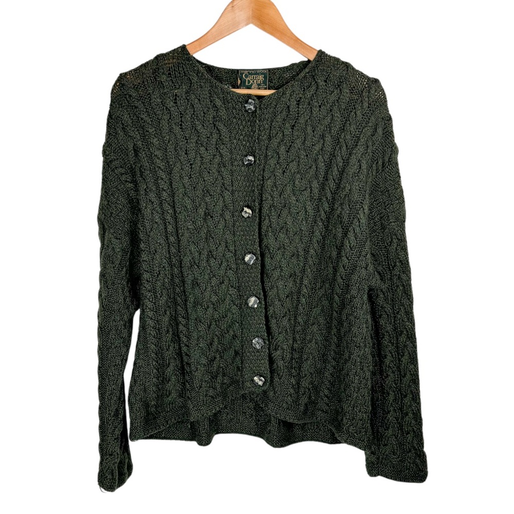 Carriag Donn Ireland Wool Fisherman Knit Sweater Cardigan Sz Large Green